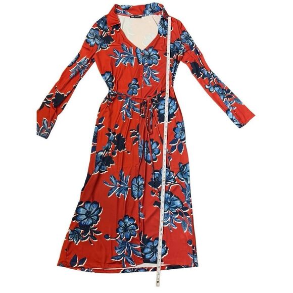ZARA Plunge Tropical Floral Print Button Front Tie Waist Long Sleeve Midi Dress - Picture 10 of 14